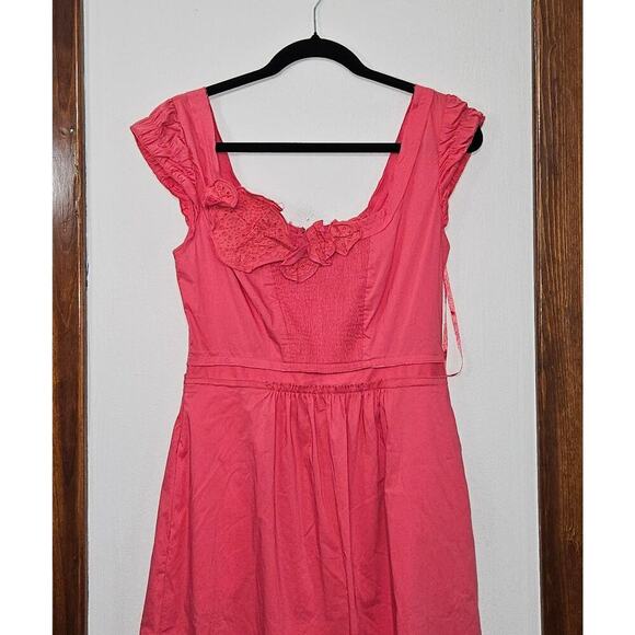 BCBG Maxazria Pink Coral Mini Dress Size Medium Applique Cotton Blend Stretch - Picture 3 of 9